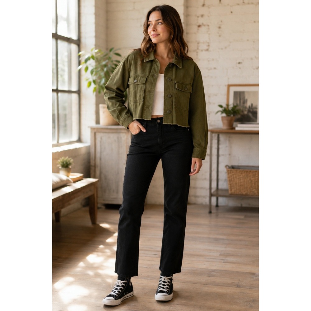Brixton Womens Olive Green Herringbone Cropped Utility Jacket Medium Raw Hem